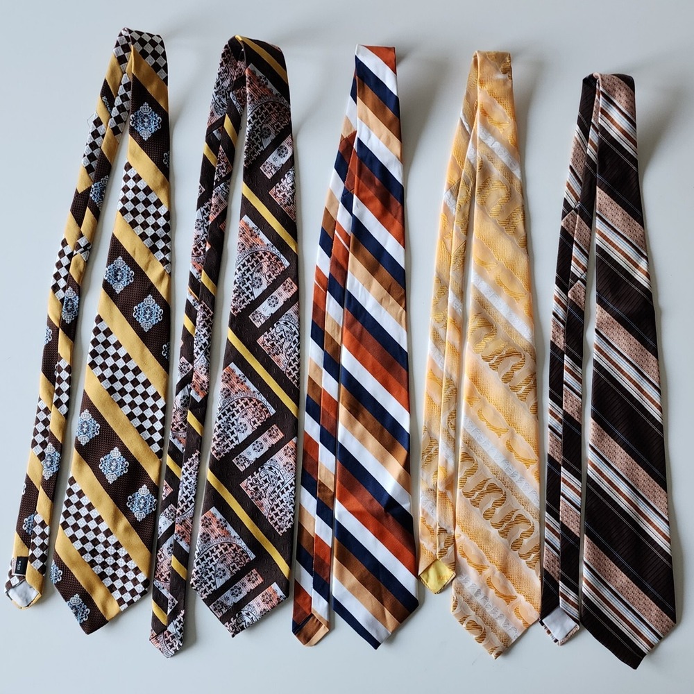 Vintage Neck Tie Lot Of 5 Ties Yellow Brown‎ Wide 1970s Grandpa Hipster Work 80s